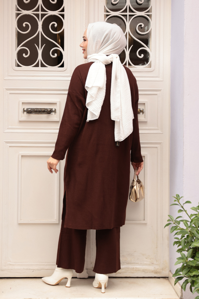 Yakalı Çikolata Tesettür Triko İkili Takım 34181CK - 5
