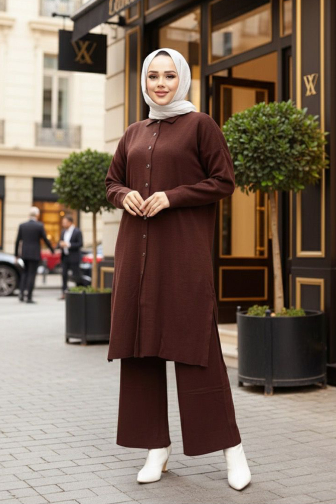 Yakalı Çikolata Tesettür Triko İkili Takım 34181CK - 1