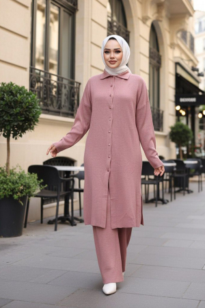 Yakalı Gül Kurusu Tesettür Triko İkili Takım 34181GK - 1