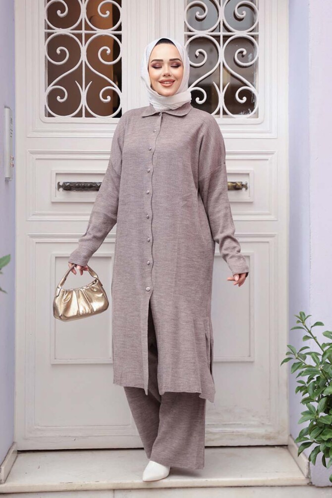 Yakalı Vizon Tesettür Triko İkili Takım 34181V - 3