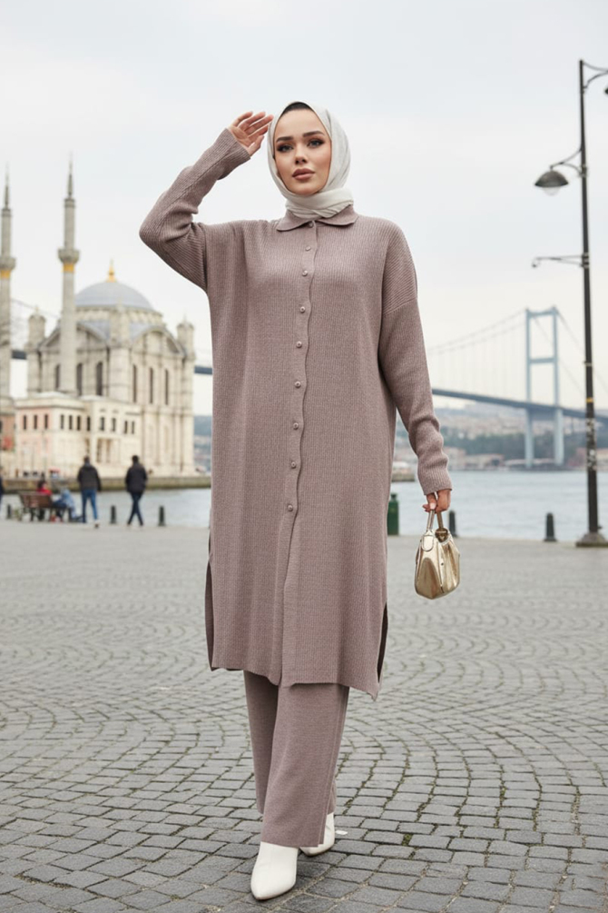 Yakalı Vizon Tesettür Triko İkili Takım 34181V - 1