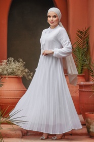 Yakası Bağlamalı Beyaz Tesettür Elbise 50351B - Thumbnail