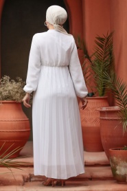 Yakası Bağlamalı Beyaz Tesettür Elbise 50351B - Thumbnail