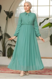 Yakası Bağlamalı Çağla Yeşili Tesettür Elbise 50351CY - Thumbnail