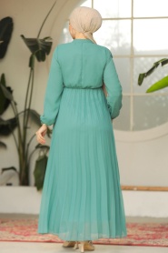 Yakası Bağlamalı Çağla Yeşili Tesettür Elbise 50351CY - Thumbnail