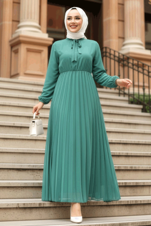 Yakası Bağlamalı Çağla Yeşili Tesettür Elbise 50351CY - 1