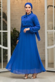 Yakası Bağlamalı İndigo Mavisi Tesettür Elbise 50351IM - Thumbnail