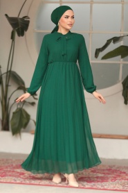 Yakası Bağlamalı Yeşil Tesettür Elbise 50351Y - Thumbnail