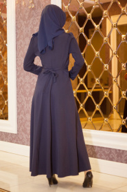 Yakası Boncuk Detaylı Lacivert Elbise 1766L - Thumbnail