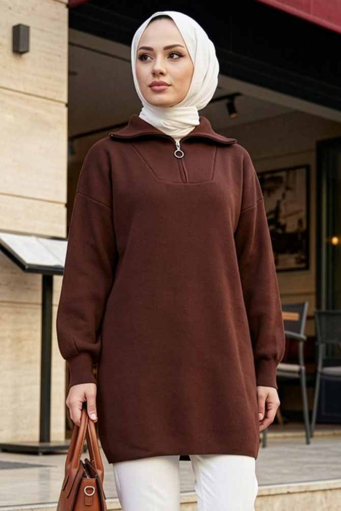 Yakası Fermuarlı Kahverengi Tesettür Triko Kazak 10912KH - 1