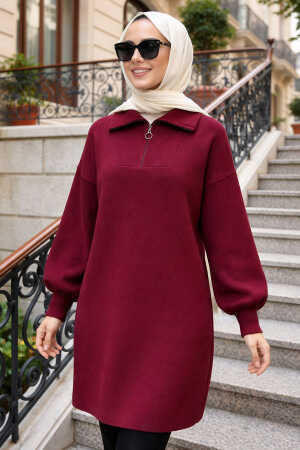 Yakası Fermuarlı Koyu Bordo Tesettür Triko Kazak 10912KBR 
