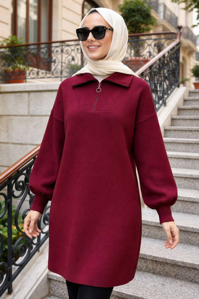Yakası Fermuarlı Koyu Bordo Tesettür Triko Kazak 10912KBR - 1