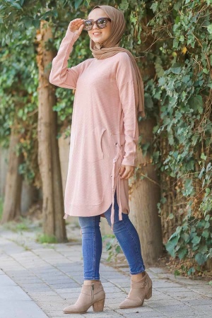 Yandan Bağcıklı Pudra Tesettür Triko Tunik 14586PD - 1