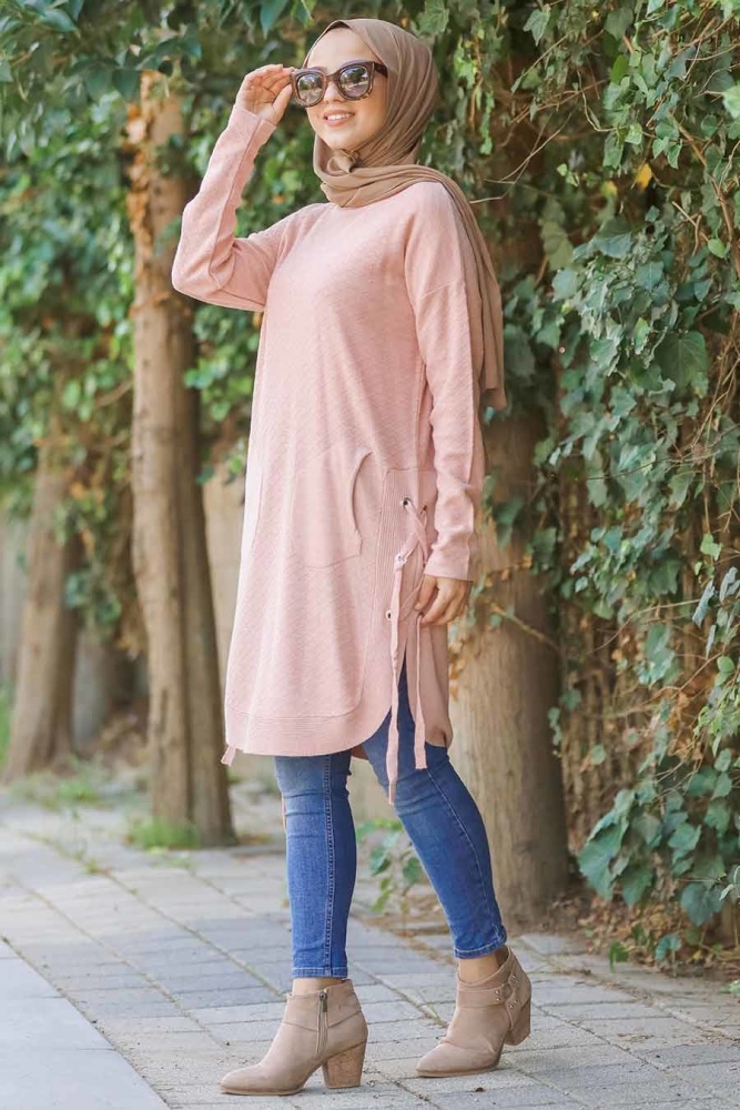 Yandan Bağcıklı Pudra Tesettür Triko Tunik 14586PD - 1