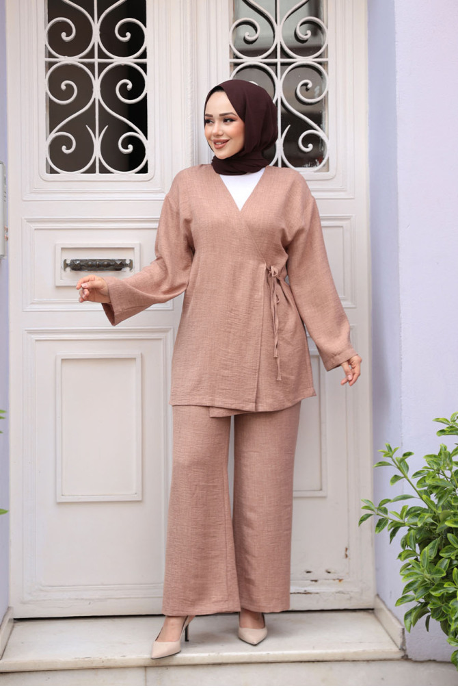 Yandan Bağlama Detaylı Camel Tesettür İkili Takım 50183C - 1
