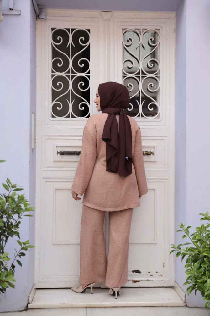 Yandan Bağlama Detaylı Camel Tesettür İkili Takım 50183C - 4