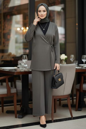 Yandan Bağlama Detaylı Haki Tesettür İkili Takım 13301HK - 1