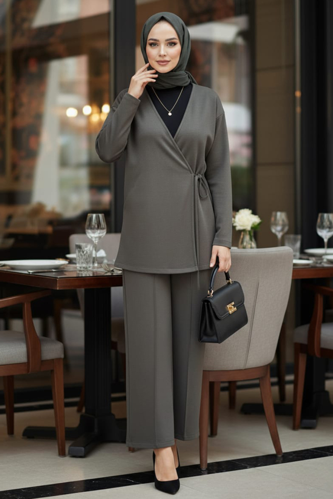 Yandan Bağlama Detaylı Haki Tesettür İkili Takım 13301HK - N.S NEVA STYLE