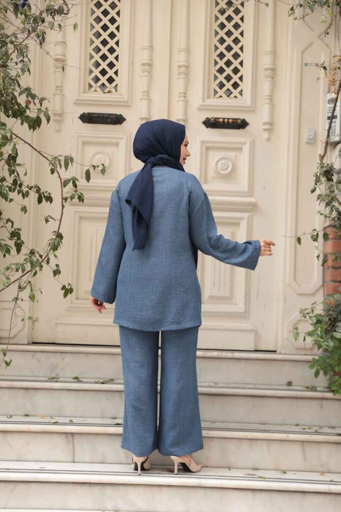 Yandan Bağlama Detaylı İndigo Mavisi Tesettür İkili Takım 50183IM - 4