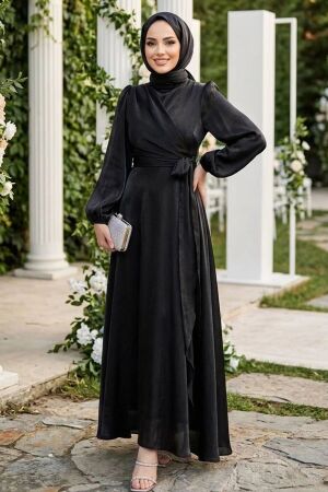 Yandan Bağlamalı Siyah Tesettür Abiye Elbise 62191S 