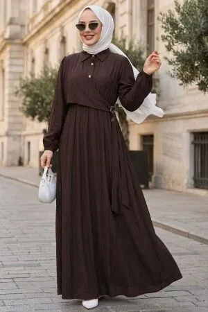 Yandan Tie Detailed Brown Modest Dress 79241KH - 1