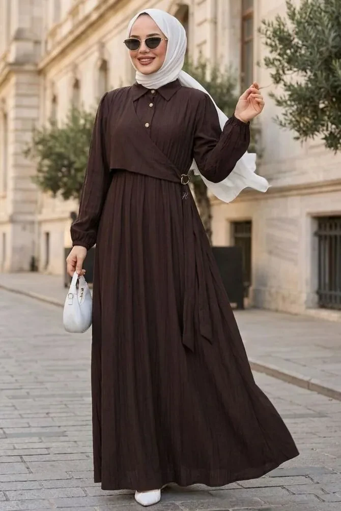 Yandan Tie Detailed Brown Modest Dress 79241KH - 1