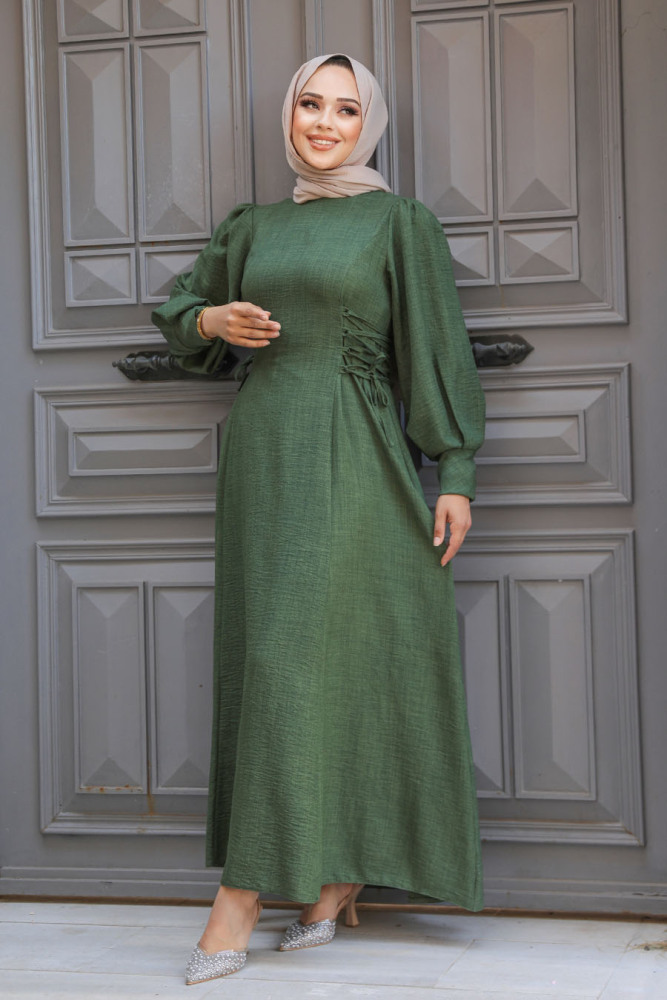 Yanlardan Bağcıklı Haki Tesettür Elbise 5962HK - 2