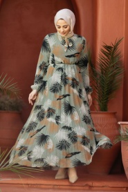 Yaprak Desenli Çağla Yeşili Tesettür Elbise 50353CY - Thumbnail