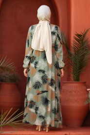 Yaprak Desenli Çağla Yeşili Tesettür Elbise 50353CY - Thumbnail