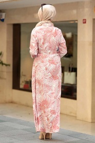 Yaprak Desenli Pudra Tesettür Elbise 16140PD - Thumbnail