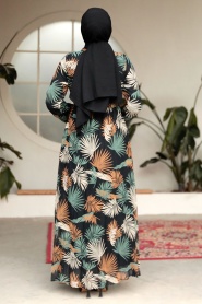 Yaprak Desenli Siyah Tesettür Elbise 50353S - Thumbnail