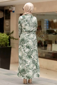 Yaprak Desenli Yeşil Tesettür Elbise 16140Y - Thumbnail