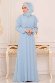 Yarasa Kol Mavi Tesettür Abiye Elbise 3784M - Thumbnail