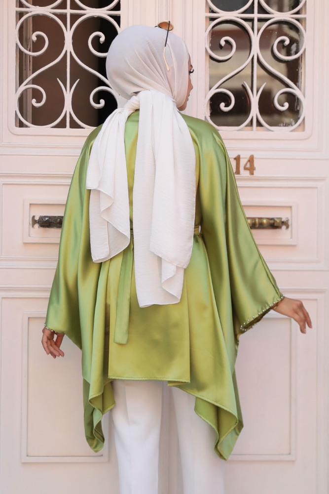 Yarasa Kol Yağ Yeşili Tesettür Saten Tunik 41443YY - 2