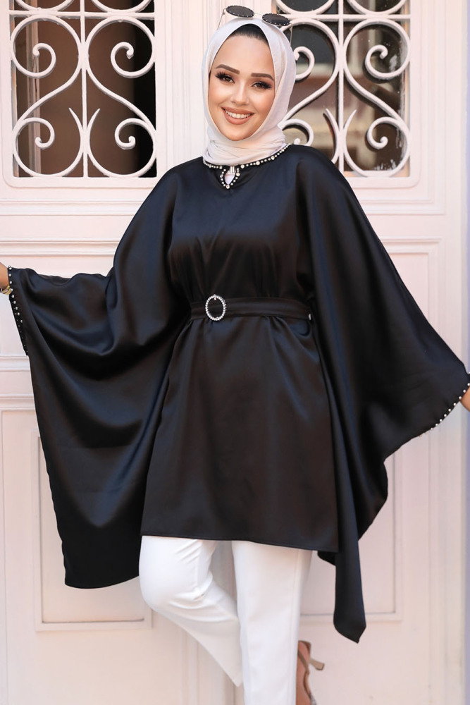 Yarasa Kol Siyah Tesettür Saten Tunik 41443S - 1