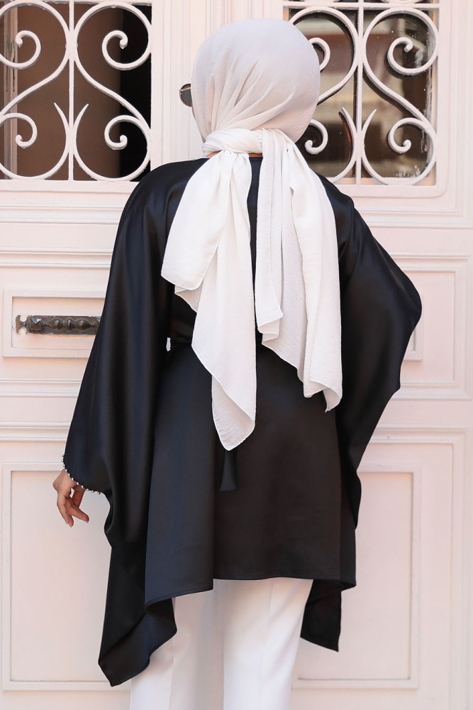 Yarasa Kol Siyah Tesettür Saten Tunik 41443S - 3