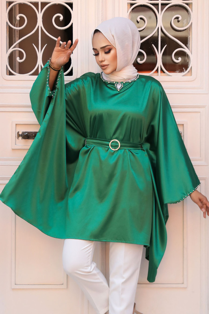 Yarasa Kol Yeşil Tesettür Saten Tunik 41443Y - 2