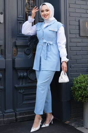 Yelekli Bebek Mavisi Tesettür Üçlü Takım 6169BM 