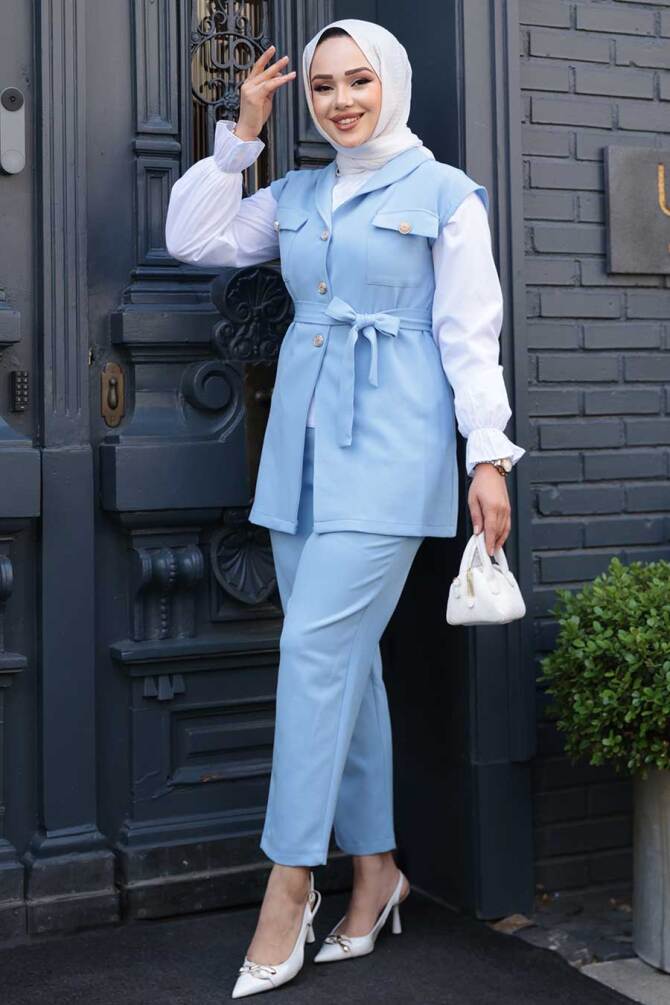 Yelekli Bebek Mavisi Tesettür Üçlü Takım 6169BM - 1