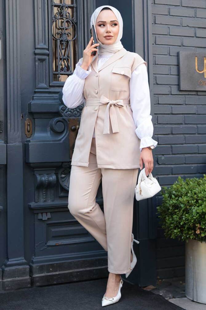 Yelekli Bej Tesettür Üçlü Takım 6169BEJ - 1