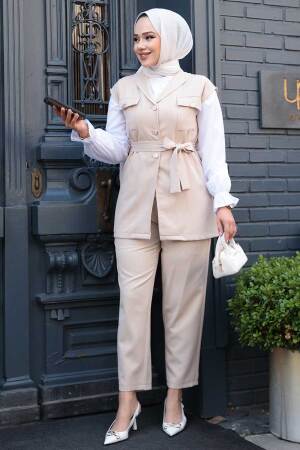 Yelekli Bej Tesettür Üçlü Takım 6169BEJ - 3