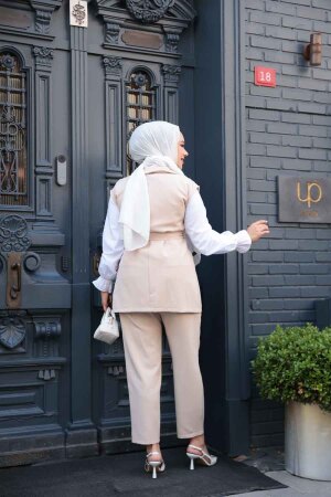 Yelekli Bej Tesettür Üçlü Takım 6169BEJ - 4