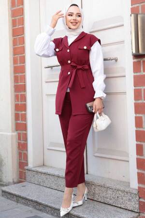 Yelekli Bordo Tesettür Üçlü Takım 6169BR - 2