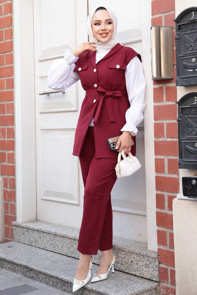 Yelekli Bordo Tesettür Üçlü Takım 6169BR - 3