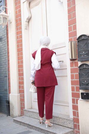 Yelekli Bordo Tesettür Üçlü Takım 6169BR - 4