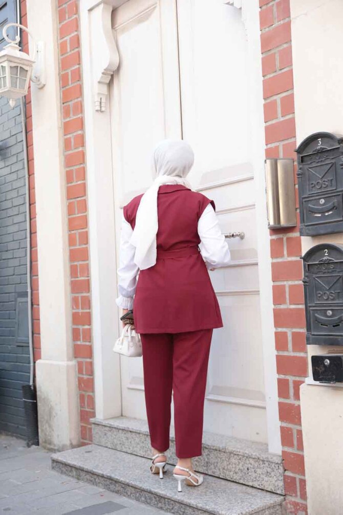 Yelekli Bordo Tesettür Üçlü Takım 6169BR - 4