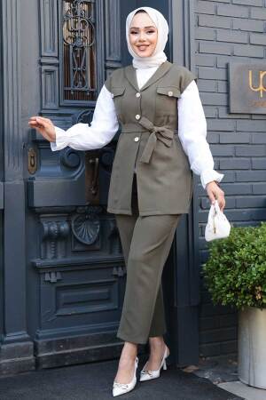 Yelekli Haki Tesettür Üçlü Takım 6169HK - 2