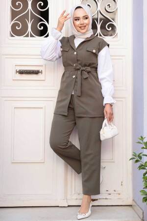 Yelekli Haki Tesettür Üçlü Takım 6169HK - 4