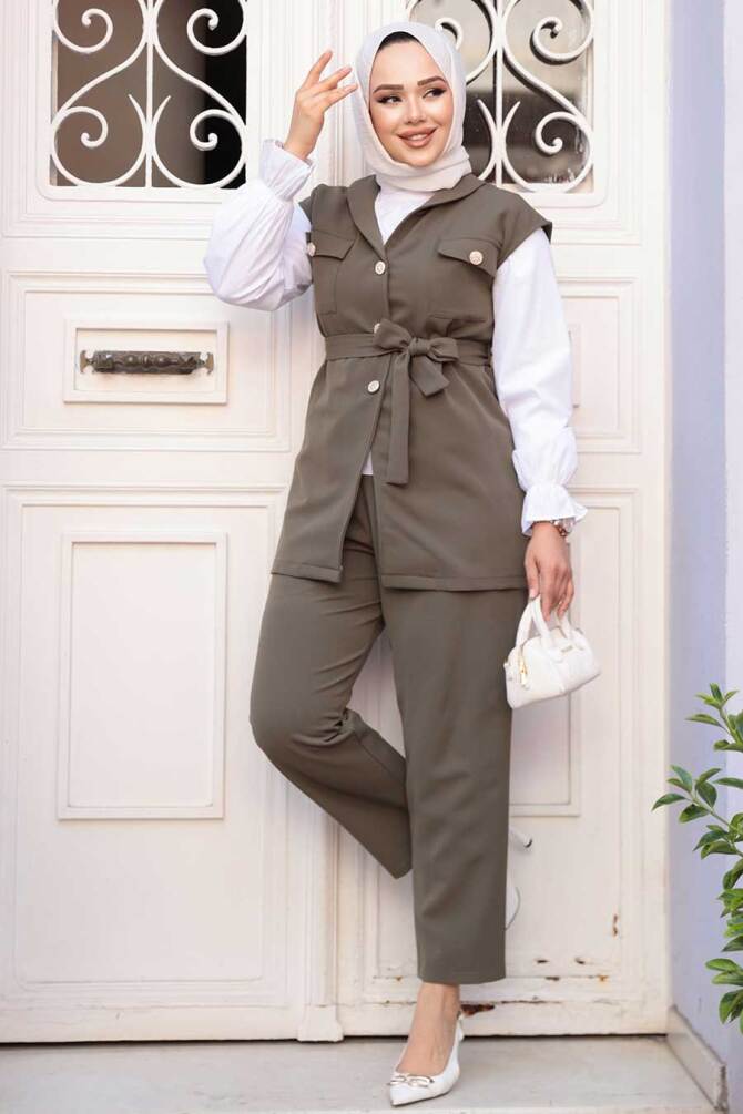 Yelekli Haki Tesettür Üçlü Takım 6169HK - 4