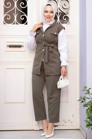 Yelekli Haki Tesettür Üçlü Takım 6169HK - 6